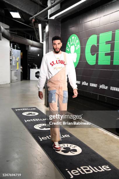 Jayson Tatum of the Boston Celtics arrives to the arena before the game against the Brooklyn Nets on March 3, 2023 at the TD Garden in Boston,...