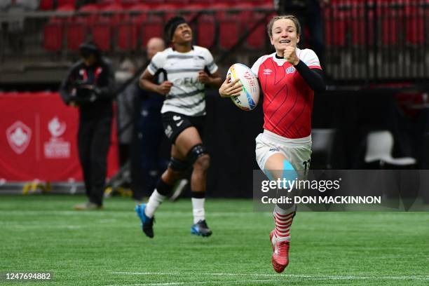 Great Britain's Jasmine Joyce runs for a try against Fiji during the HSBC Rugby Sevens tournament match at BC Place in Vancouver, Canada on March 3,...