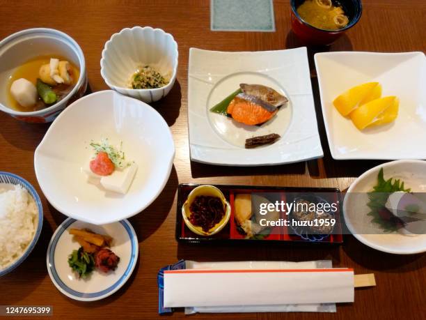 japanese breakfast in a traditional japanese hotel (ryokan) - shizuoka prefecture stock pictures, royalty-free photos & images