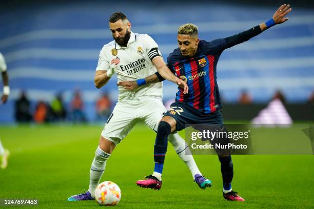 Karim Benzema centre-forward of Real Madrid and France and Antonio Rudiger centre-back of Real Madrid and Germany compete for the ball during the...