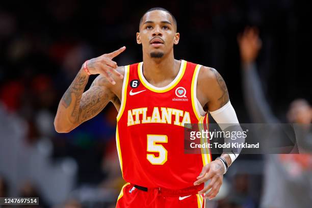 Dejounte Murray of the Atlanta Hawks reacts during the first half against the Portland Trail Blazers at State Farm Arena on March 3, 2023 in Atlanta,...