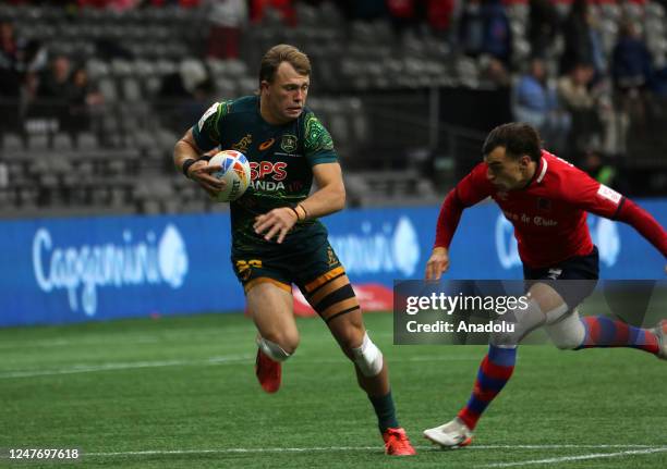 Players in action during the World Rugby Seven Series 2023 match between Australia and Chile in Vancouver, British Columbia, Canada on March 3, 2023.