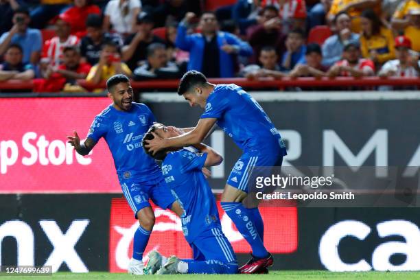 Fernando Gorriaran of Tigres UANL celebrates after scoring the team's first goal during the 10th round match between Necaxa and Tigres UANL as part...