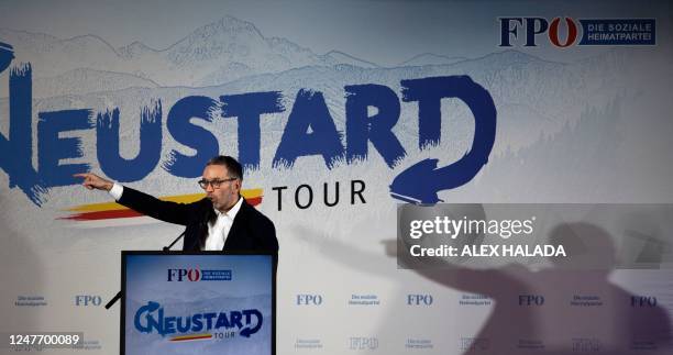 Chairman of the Austrian Freedom Party Herbert Kickl speaks during a party campaign rally of the FPOe Carinthia in Klagenfurt, Carinthia on February...