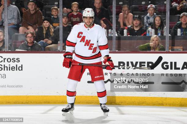Shayne Gostisbehere of the Carolina Hurricanes skates up the ice during the first period against the Arizona Coyotes at Mullett Arena on March 03,...