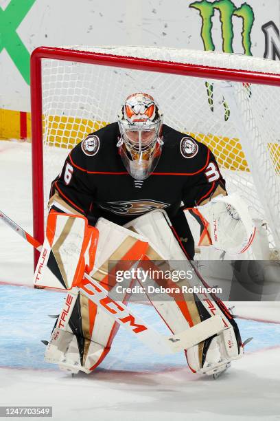 John Gibson of the Anaheim Ducks protects the goal during the second period against the Montreal Canadiens at Honda Center on March 3, 2023 in...