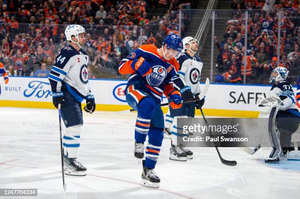 Ryan Nugent-Hopkins of the Edmonton Oilers celebrates his goal in during the second period against the Winnipeg Jets at Rogers Place on March 03,...