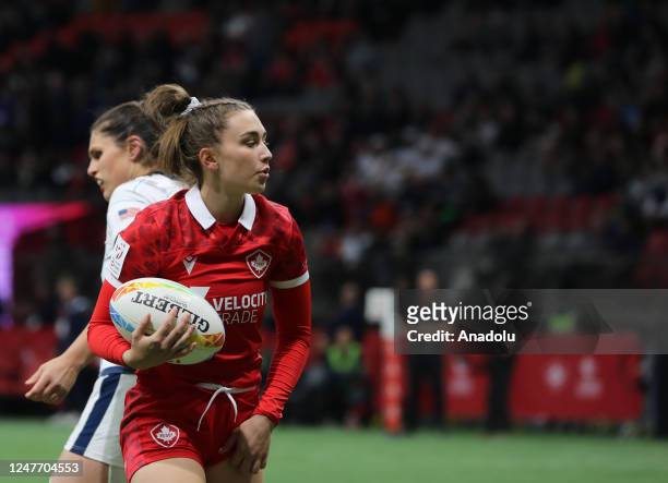 Chloe Daniels of Canada in action during the first day of the World Rugby Seven Series 2023 match between USA and Canada in Vancouver, British...