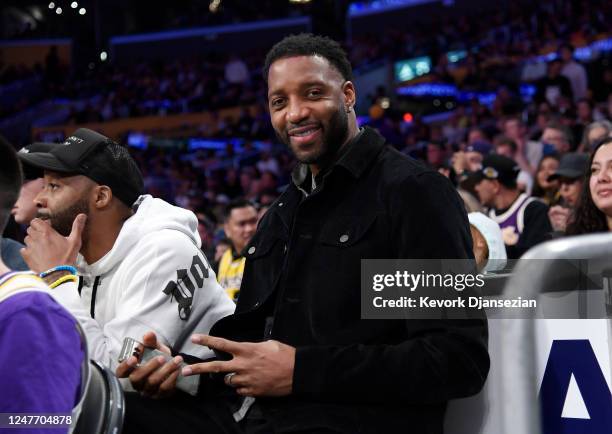 Former Houston Rockets player Tracy McGrady attends a basketball game between the Minnesota Timberwolves and Los Angeles Lakers at Crypto.com Arena...