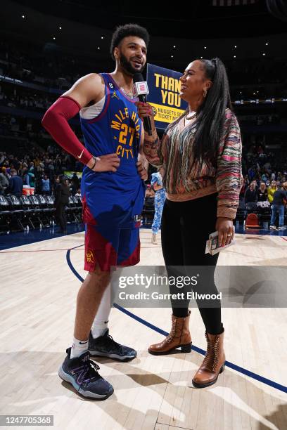 Rosalyn Gold-Onwude interviews Jamal Murray of the Denver Nuggets after the game against the Memphis Grizzlies on March 3, 2023 at the Ball Arena in...