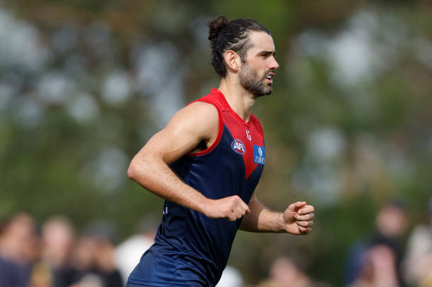Brodie Grundy of the Demons celebrates a goal during the 2023 AFL practice match between the Melbourne Demons and the Richmond Tigers at Casey Fields...