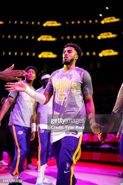 Troy Brown Jr. #7 of the Los Angeles Lakers during player introductions before the game against the Minnesota Timberwolves on March 3, 2023 at...