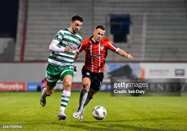 Dublin , Ireland - 3 March 2023; Neil Farrugia of Shamrock Rovers in action against Ben Doherty of Derry City during the SSE Airtricity Men's Premier...