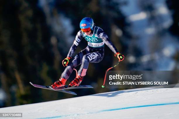 Mikaela Shiffrin of the US competes during the FIS Women's Alpine Downhill World Cup in Kvitfjell, Norway on March 4, 2023. / Norway OUT
