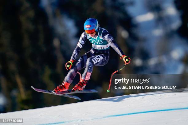 Mikaela Shiffrin of the US competes during the FIS Women's Alpine Downhill World Cup in Kvitfjell, Norway on March 4, 2023. / Norway OUT