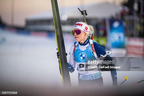 Erika Janka of Finland in the finish during the Women 7.5 km Sprint at the BMW IBU World Cup Biathlon Nove Mesto on March 3, 2022 in Nove Mesto na...