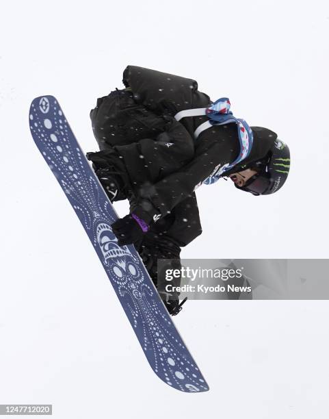 Japan's Taiga Hasegawa competes in the men's snowboard big air final at the world championships in Bakuriani, Georgia, on March 4, 2023. He won gold.