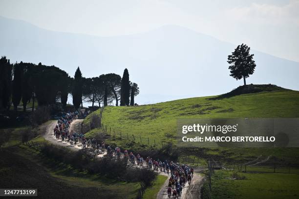 The pack rides during the 17th one-day classic 'Strade Bianche' cycling race, 184 km between Siena and Siena, Tuscany, on March 4, 2023.