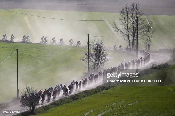 The pack rides during the 17th one-day classic 'Strade Bianche' cycling race, 184 km between Siena and Siena, Tuscany, on March 4, 2023.