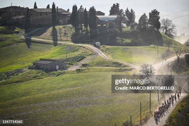 The pack rides during the 17th one-day classic 'Strade Bianche' cycling race, 184 km between Siena and Siena, Tuscany, on March 4, 2023.