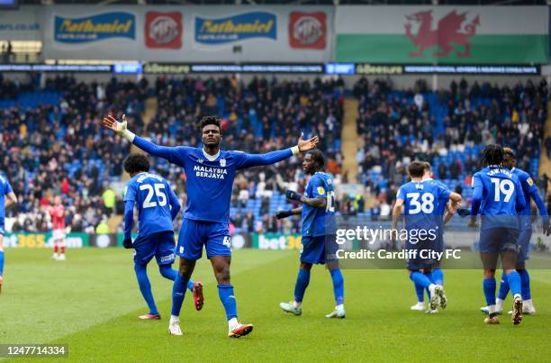 Sory Kaba celebrates scoring the first goal for Cardiff City FC during the Sky Bet Championship between Cardiff City and Bristol City at Cardiff City...