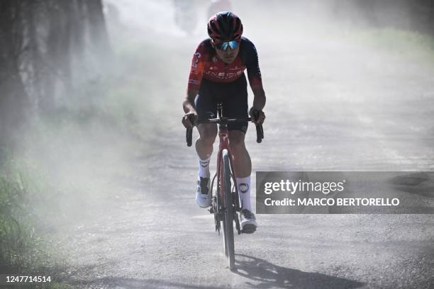 Team Ineos' Thomas Pidcock takes part in an attack during the 17th one-day classic 'Strade Bianche' cycling race, 184 km between Siena and Siena,...