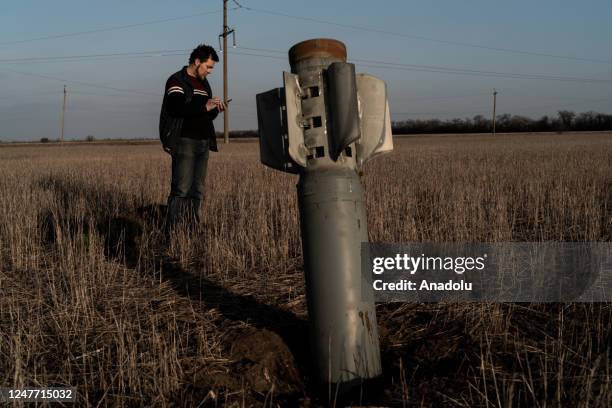 Rocket lands in a wheat field as the war between Russia and Ukraine has been going on for more than a year in Mykolaiv, Ukraine on March 03, 2023.