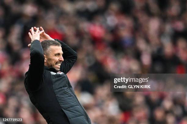 Bournemouth's English manager Gary O'Neil reacts during the English Premier League football match between Arsenal and Bournemouth at the Emirates...