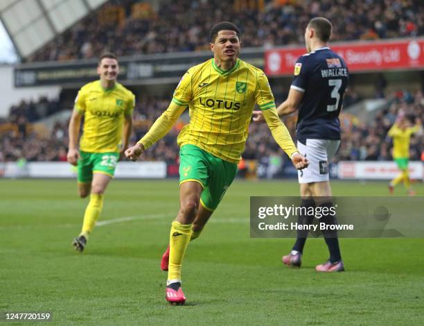 Gabriel Sara of Norwich City celebrates after scoring their third goal during the Sky Bet Championship match between Millwall and Norwich City at The...