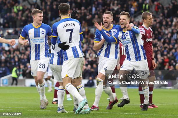 Joel Veltman of Brighton & Hove Albion celebrates scoring their 2nd goal during the Premier League match between Brighton & Hove Albion and West Ham...