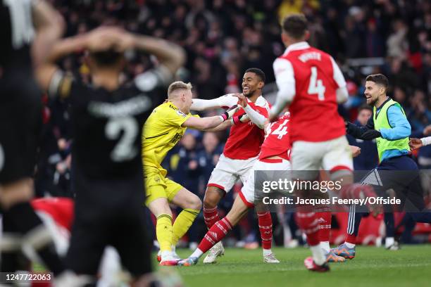 Reiss Nelson of Arsenal celebrates their third goal with his team mates during the Premier League match between Arsenal FC and AFC Bournemouth at...