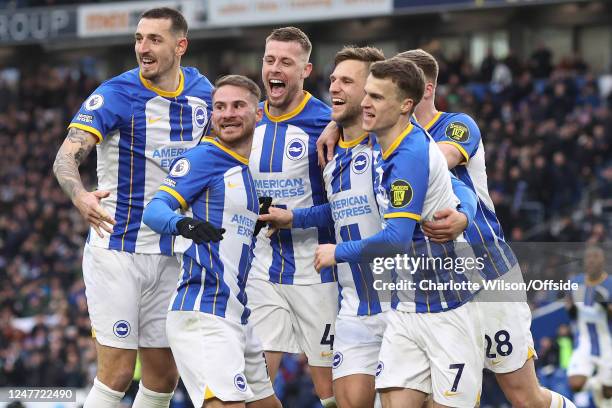 Brighton & Hove Albion celebrate scoring their 2nd goal during the Premier League match between Brighton & Hove Albion and West Ham United at...