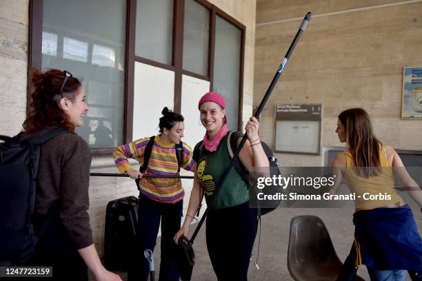 Transfeminist activists and ecologists of LEA Berta Cáceres occupy the premises of the Prenestina Station,on March 04, 2023 in Rome, Italy....