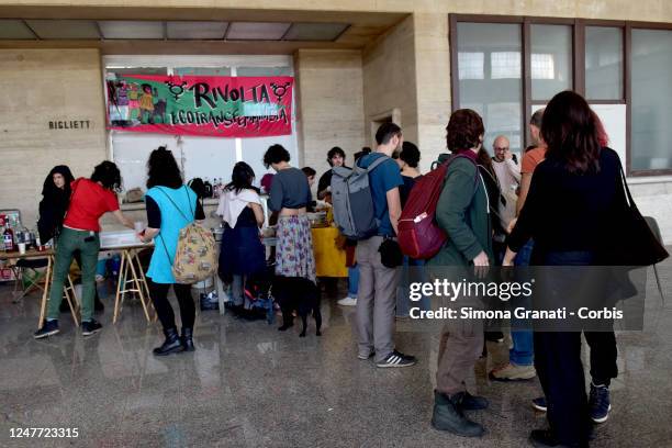 Transfeminist activists and ecologists of LEA Berta Cáceres occupy the premises of the Prenestina Station,on March 04, 2023 in Rome, Italy....