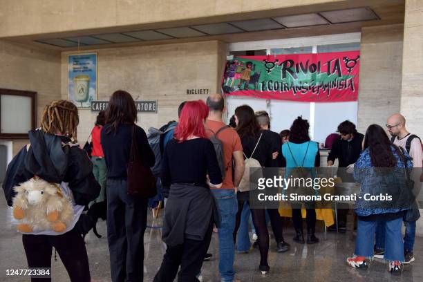 Transfeminist activists and ecologists of LEA Berta Cáceres occupy the premises of the Prenestina Station,on March 04, 2023 in Rome, Italy....