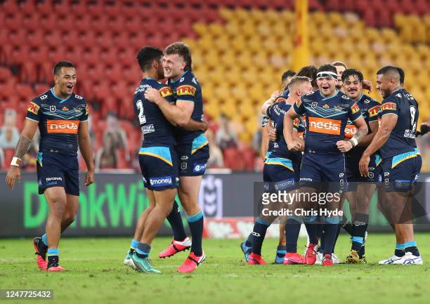 Ashley Taylor of the Titans celebrates victory during the round four NRL match between the Gold Coast Titans and the Wests Tigers at Suncorp Stadium...