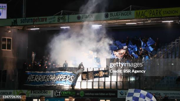 Fans of FC Den Bosch during the Keuken Kampioen Divisie match between PEC Zwolle and FC Den Bosch at the MAC3PARK stadion on March 3, 2023 in Zwolle,...