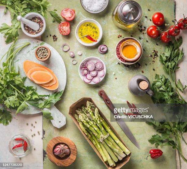 healthy food flat lay.various vegetarian ingredients. top view - frische stock-fotos und bilder
