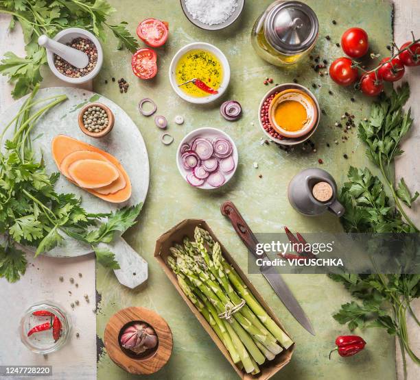 healthy food flat lay.various vegetarian ingredients. top view - 食材 個照片及圖片檔