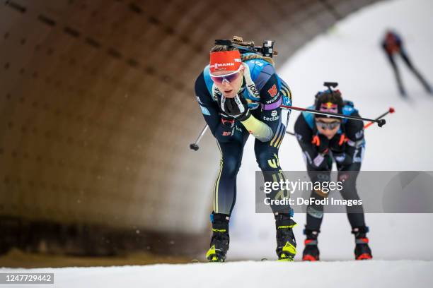 Denise Herrmann-Wick of Germany in action competes during the Women 10 km Pursuit at the BMW IBU World Cup Biathlon Nove Mesto on March 4, 2023 in...