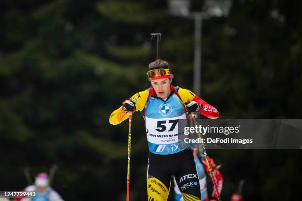 Lotte Lie of Belgium in action competes during the Women 10 km Pursuit at the BMW IBU World Cup Biathlon Nove Mesto on March 4, 2023 in Nove Mesto na...