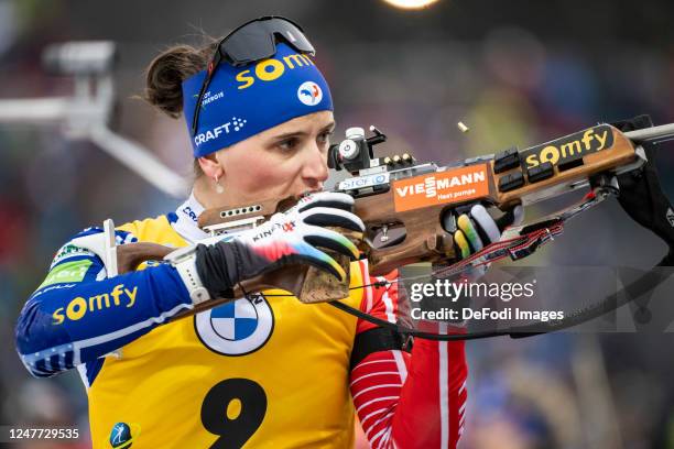 Julia Simon of France at the shooting range during the Women 10 km Pursuit at the BMW IBU World Cup Biathlon Nove Mesto on March 4, 2023 in Nove...