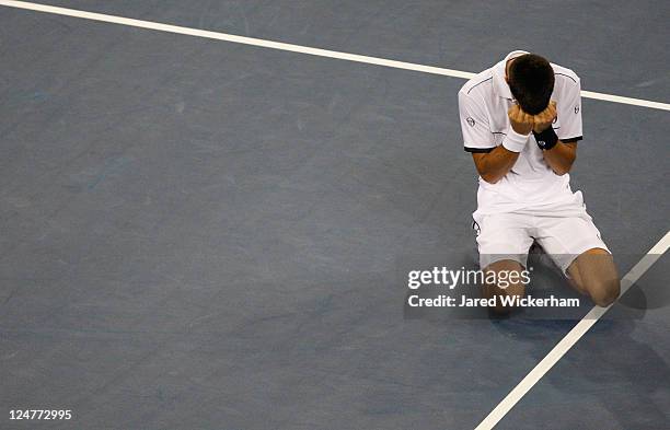 Novak Djokovic of Serbia reacts after he won match point against Rafael Nadal of Spain during the Men's Final on Day Fifteen of the 2011 US Open at...