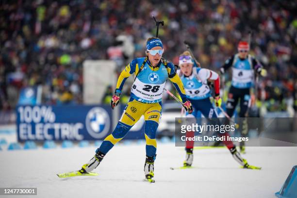 Anna Magnusson of Sweden in action competes during the Women 10 km Pursuit at the BMW IBU World Cup Biathlon Nove Mesto on March 4, 2023 in Nove...