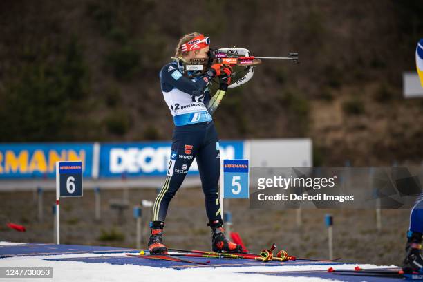 Hanna Kebinger of Germany at the shooting range during the Women 10 km Pursuit at the BMW IBU World Cup Biathlon Nove Mesto on March 4, 2023 in Nove...