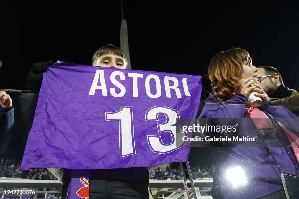 Flag in memory of Davide Astori former giorcatore of ACF Fiorentina who died on during the Serie A match between ACF Fiorentina and AC MIlan at...
