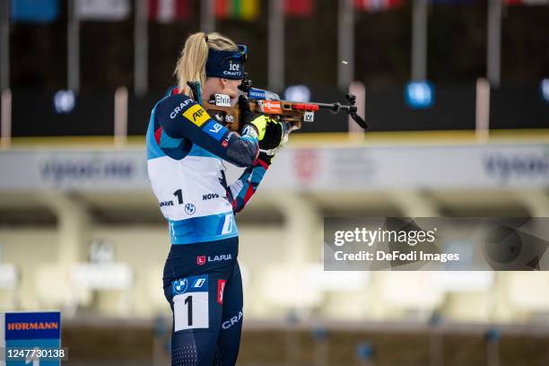 Marte Olsbu Roeiseland of Norway at the shooting range during the Women 10 km Pursuit at the BMW IBU World Cup Biathlon Nove Mesto on March 4, 2023...