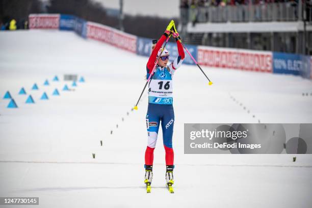 Marketa Davidova of Czech Republic in the finish during the Women 10 km Pursuit at the BMW IBU World Cup Biathlon Nove Mesto on March 4, 2023 in Nove...