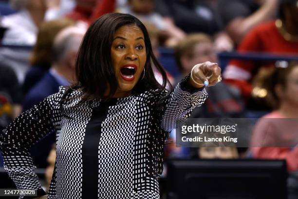 Head coach Niele Ivey of the Notre Dame Fighting Irish directs her team during the first half of their game against the Louisville Cardinals in the...