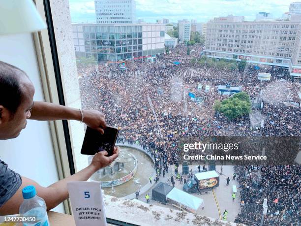Protesters participate in a rally to show solidarity with the Black Lives Matter movement at Alexanderplatz on June 6, 2020 in Berlin, Germany.